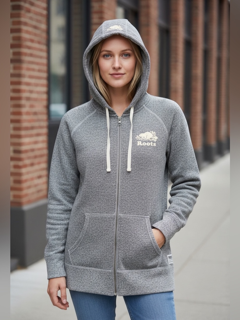 Roots Women's Light Gray Sherpa Zip-Up Hoodie